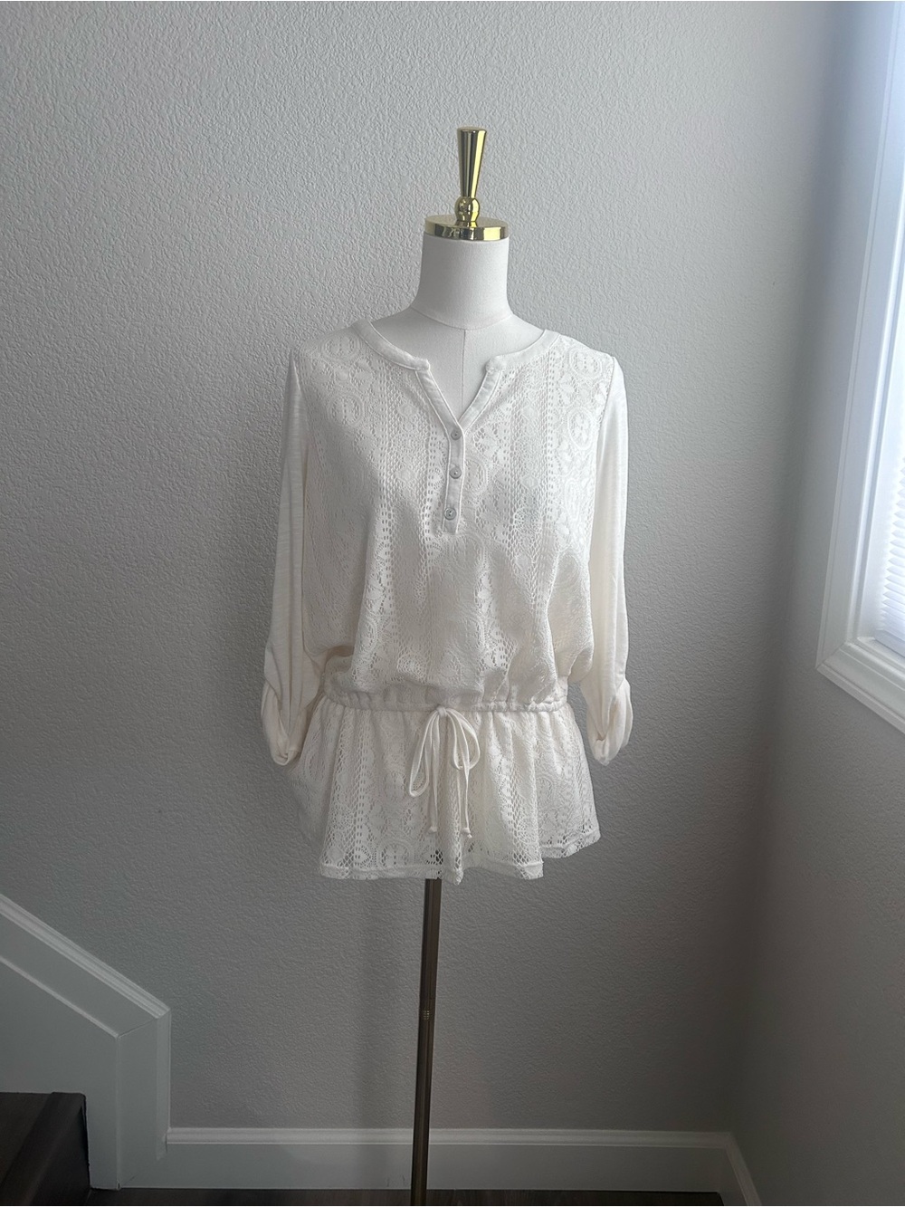Style & Co. Ivory Lace Peplum Henley Top